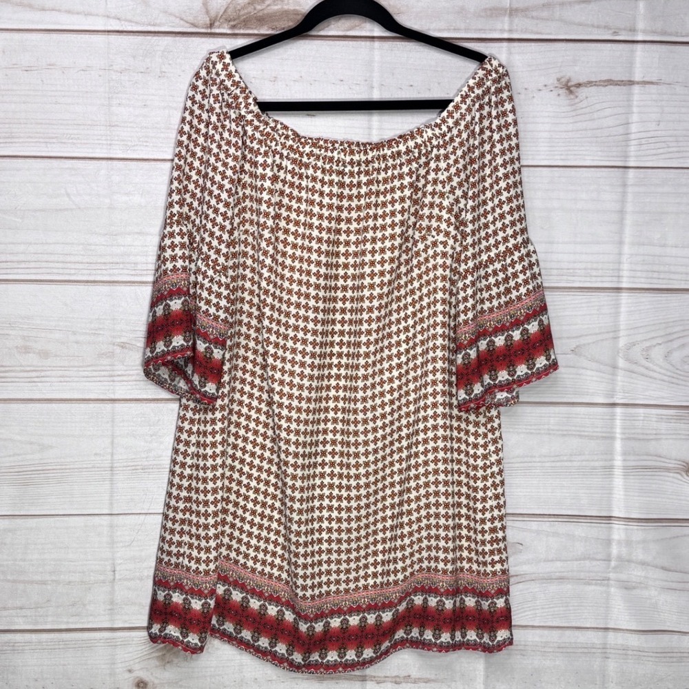 Carolina Belle Montreal Boho Medallion Off Shoulder Mini Dress Red Cream Size 10